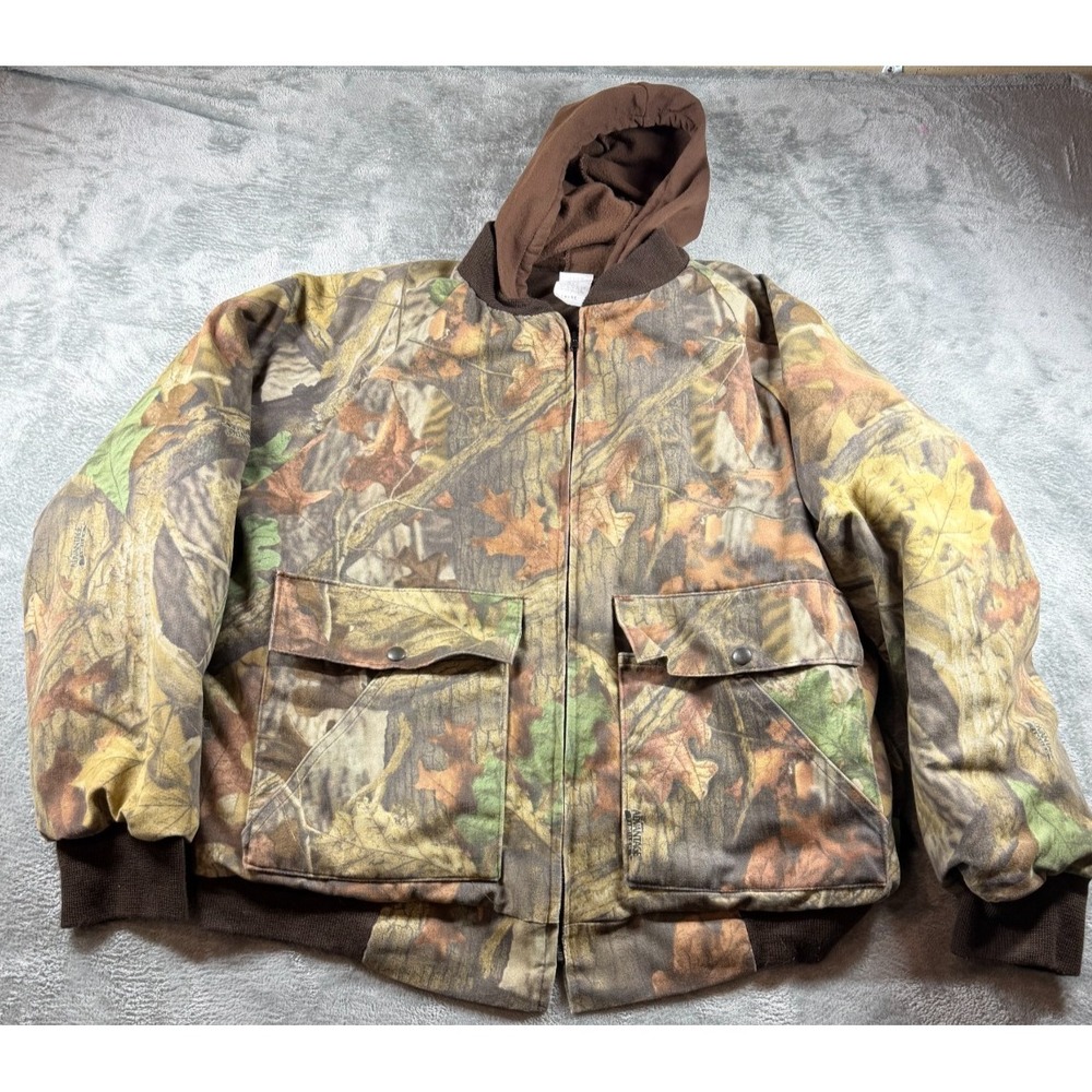 Vtg Realtree Camo Hunting Jacket Mens L Hooded Bomber USA Quilt Lined